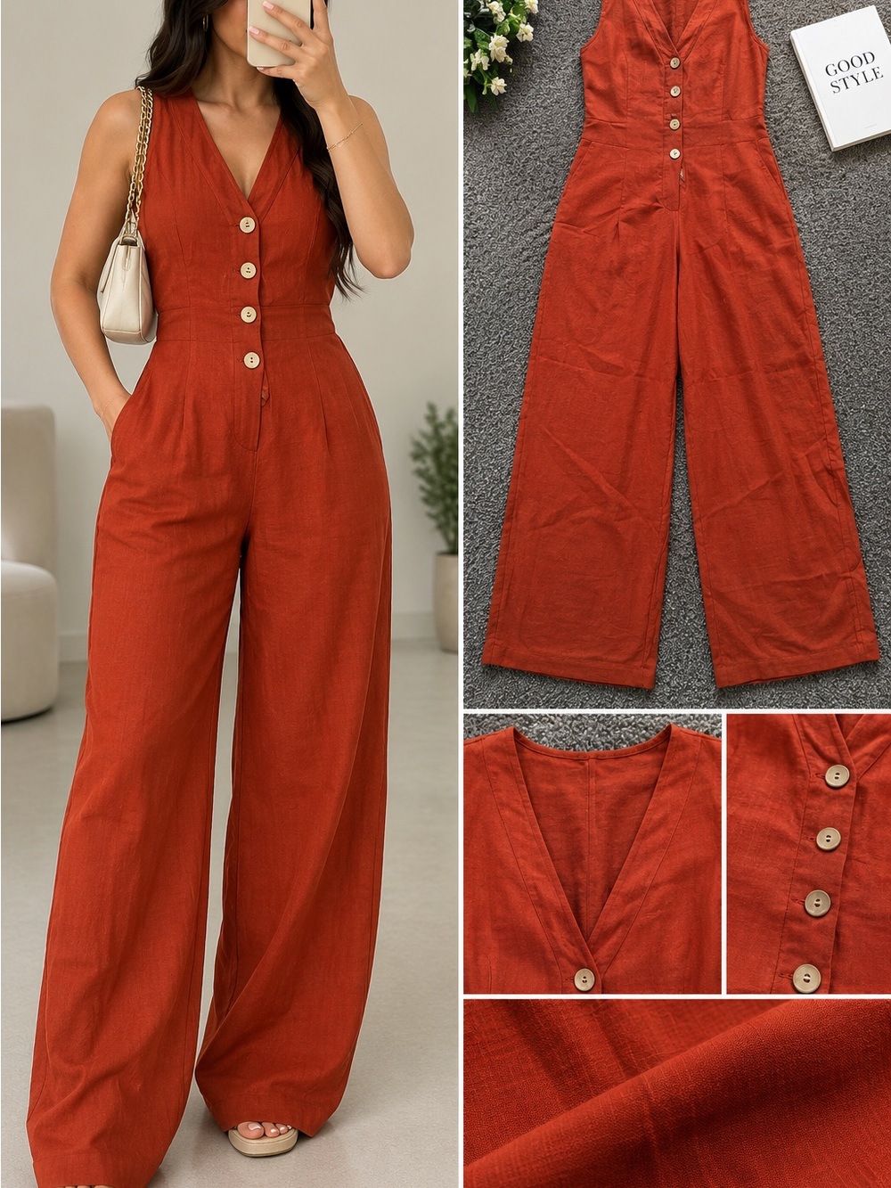 Rust Button-Front V-Neck Wide-Leg Jumpsuit